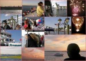 Collage of Chartered Boat Ride from Freeport New York to see Jones Beach 4th of July Fireworks